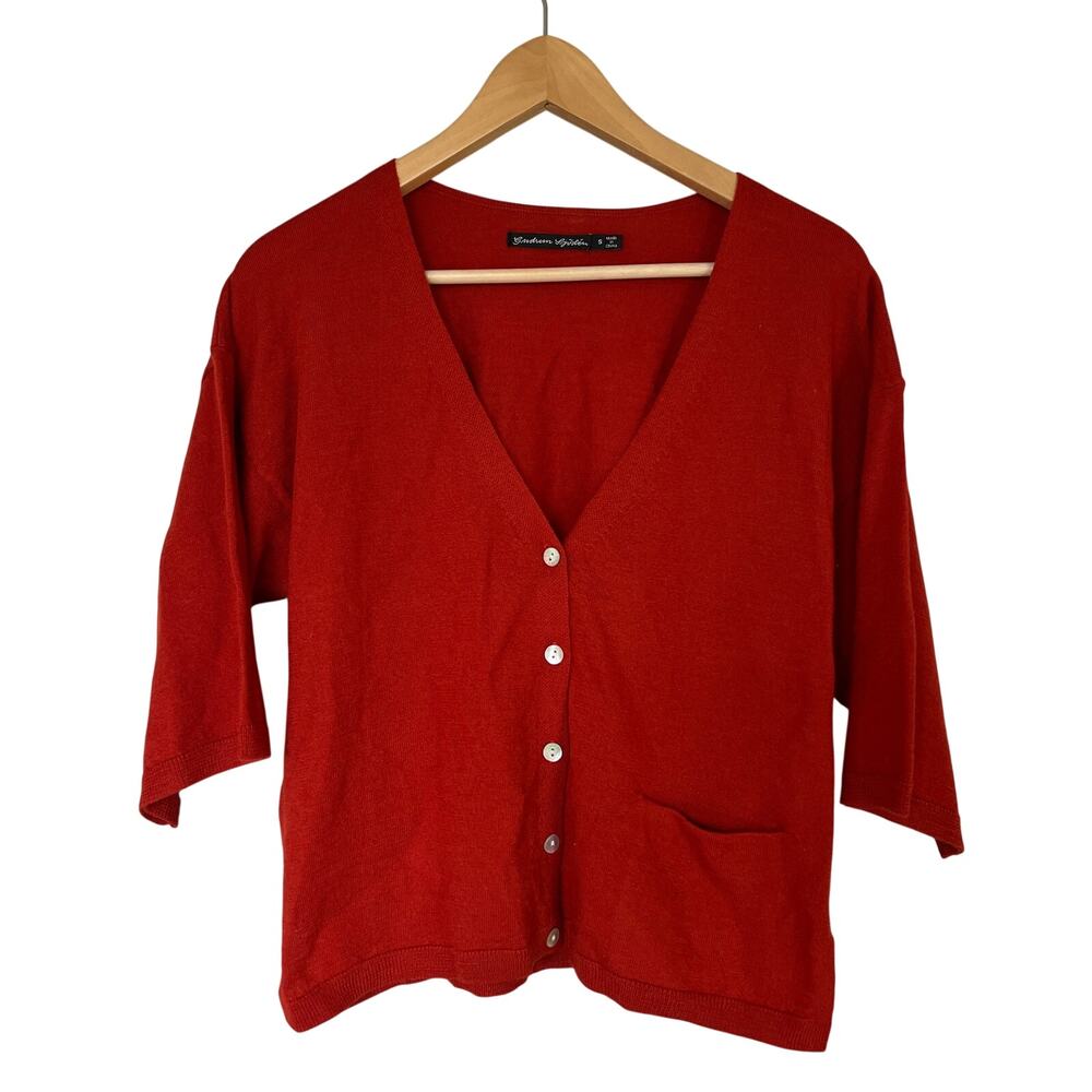 Gudrun Sjoden Women's Size S Red 100% Wool Cardigan Sweater V-neck Half Sleeves